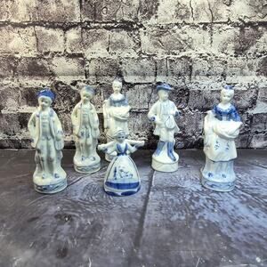 Set of 6 Vintage Statues White and Blue